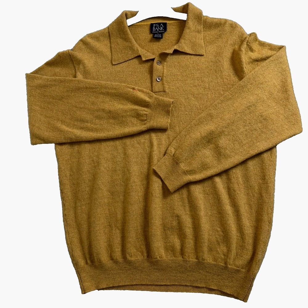 Jos A Bank signature colletion Men's 100% Merino Wool Polo Sweater Large Mustard